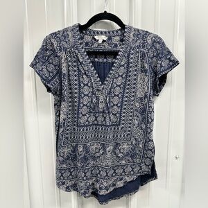 Lucky Brand Blue Boho Print Short Sleeve Top
